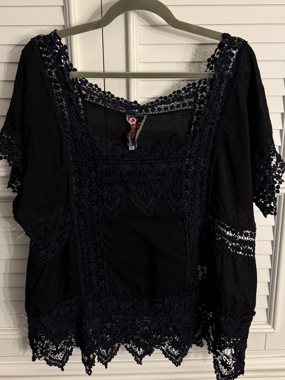 Johnny Was Black Sheer Crochet Lace Cupra Blouse Top XL